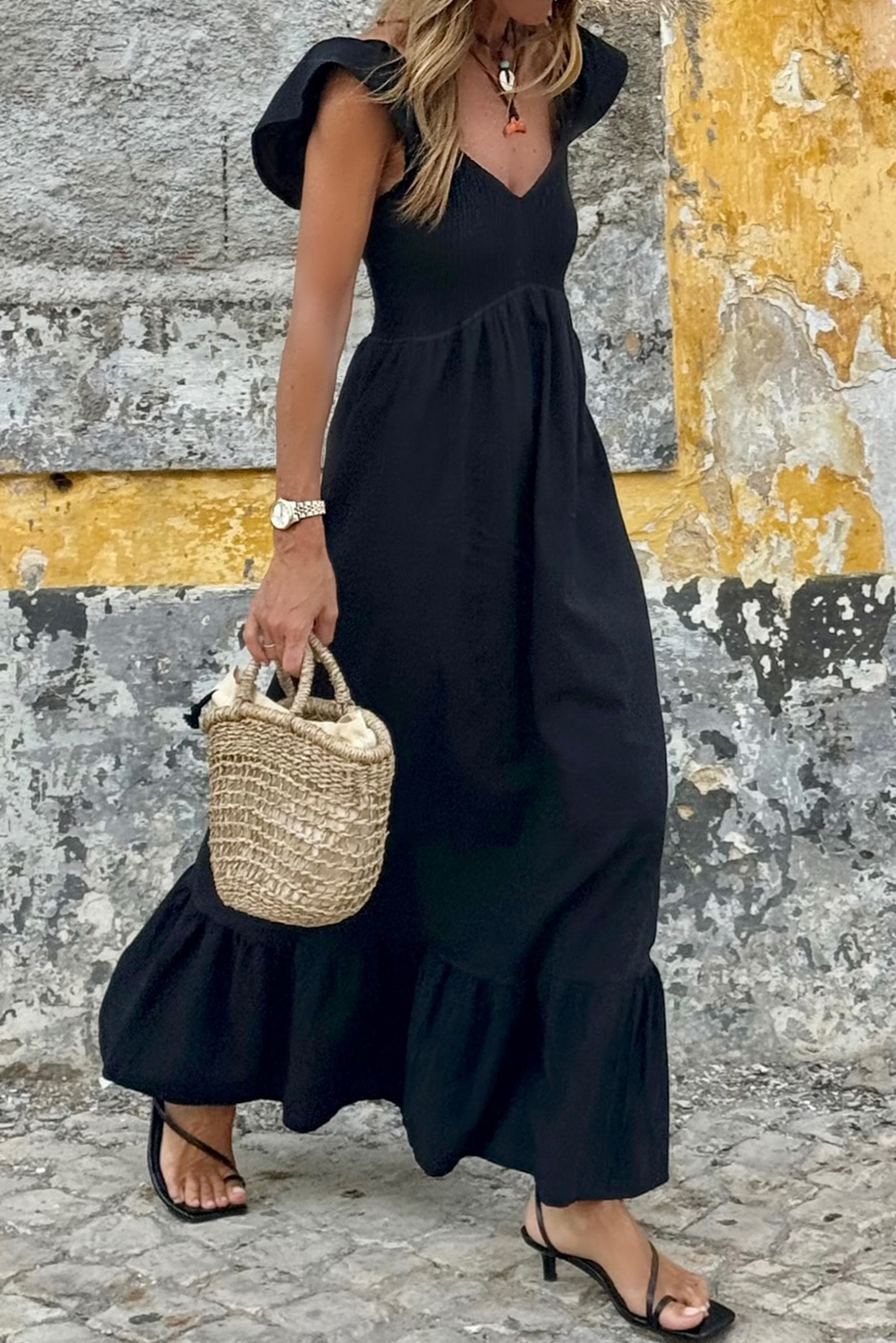 V-neck Waist Ruched Dress with Flutter Sleeves Dark Navy