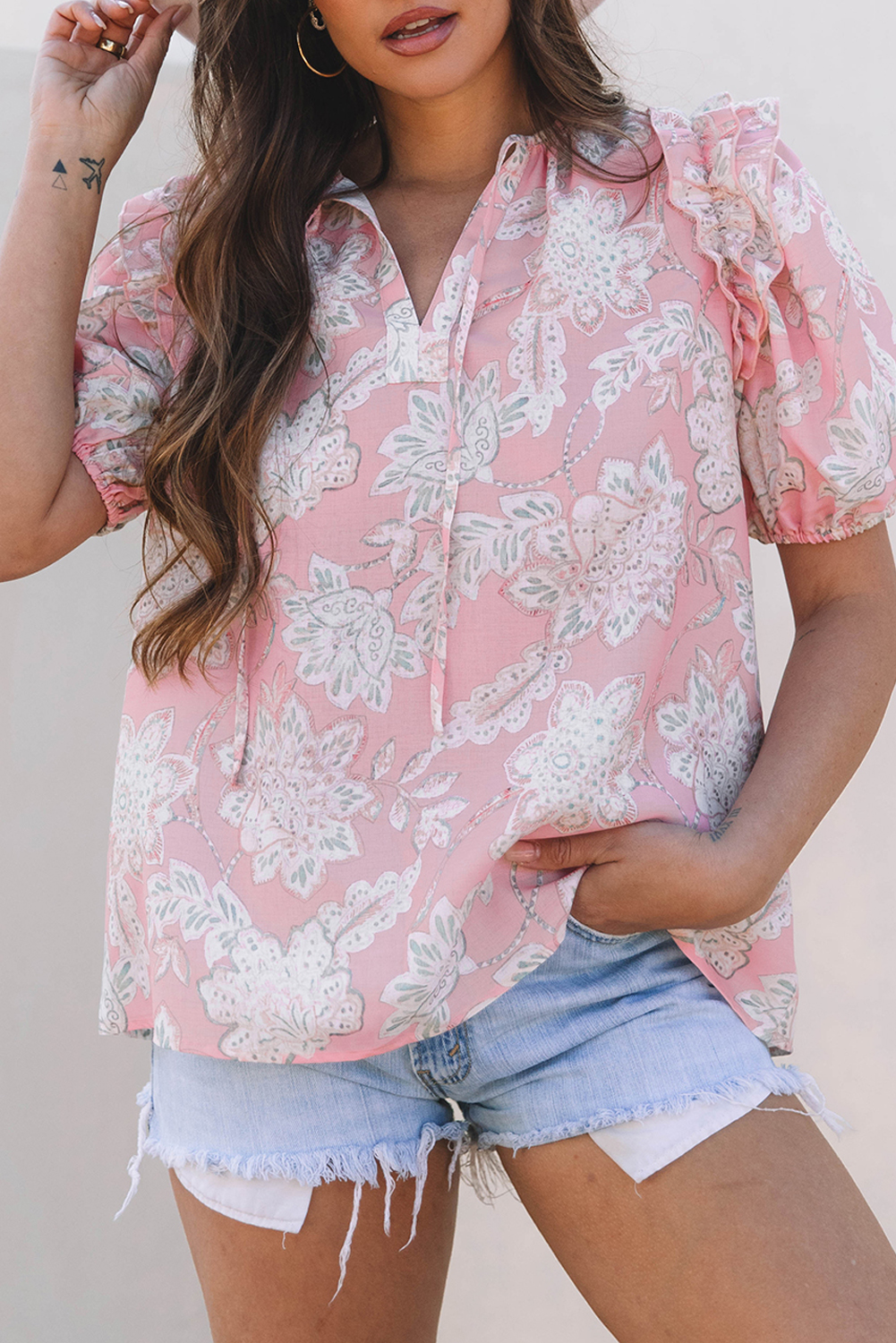 Pink Striped Puff V-Neck Blouse main image 1