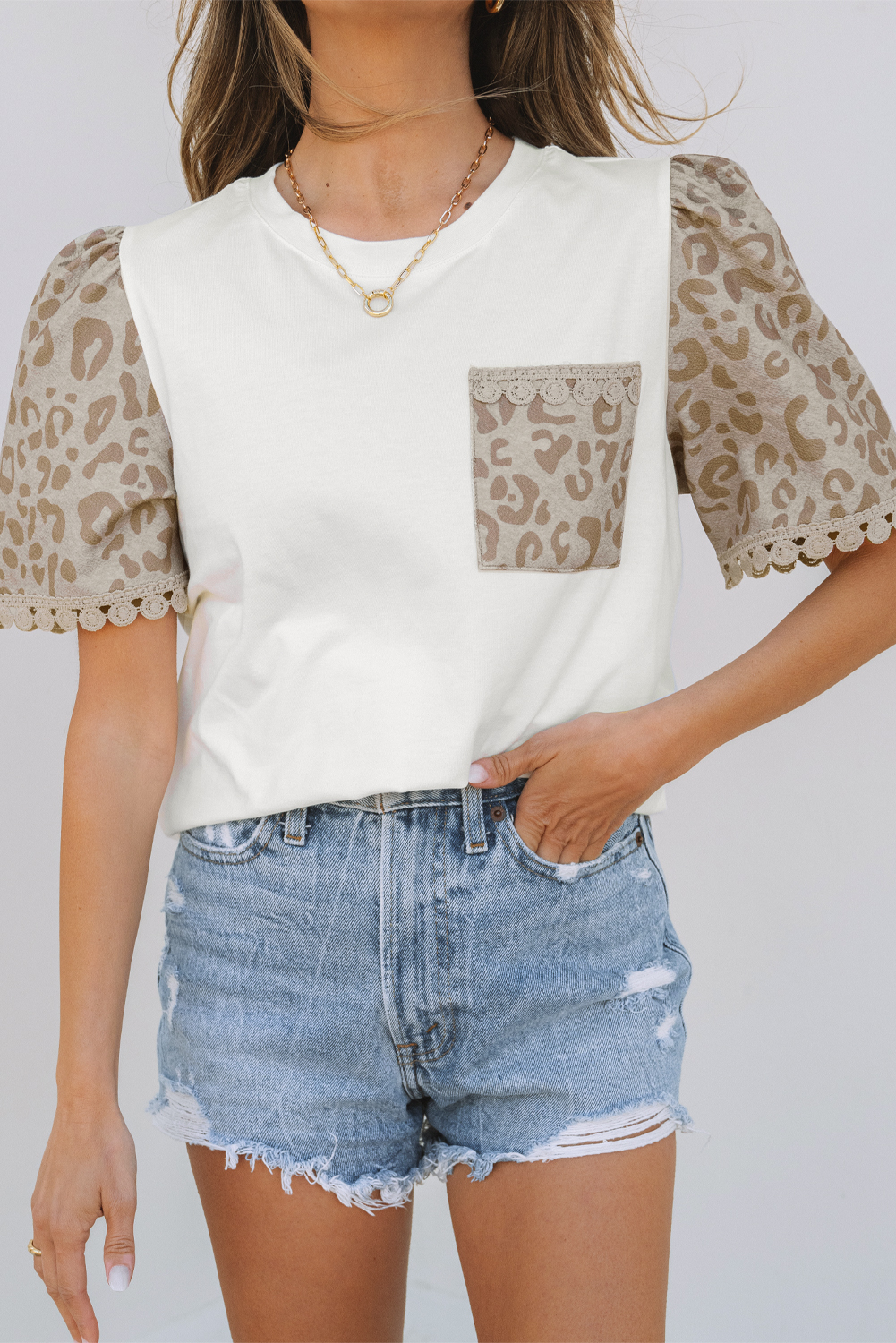 Patchwork Bow Patch Short Sleeve T-Shirt - White