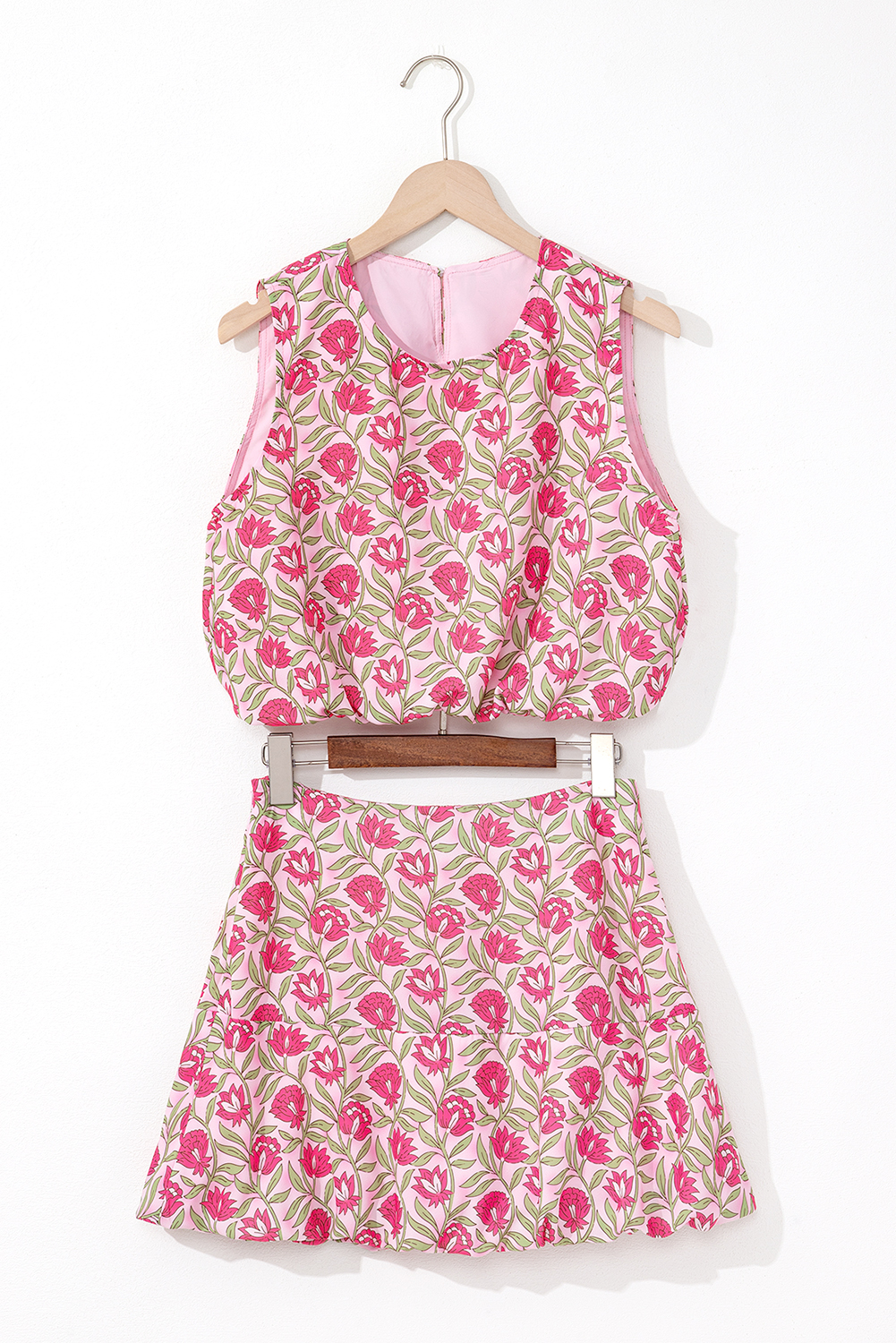 Light Pink 2 Pieces Mineral Wash Cotton Tank Top Lined Split Skirt Set