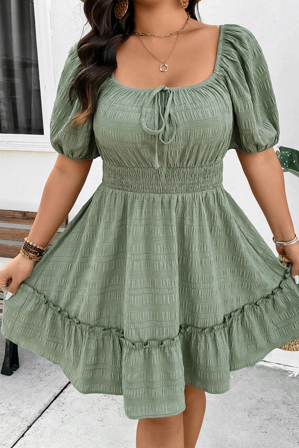 Ruffled Square Neck Plus Size Mini Dress