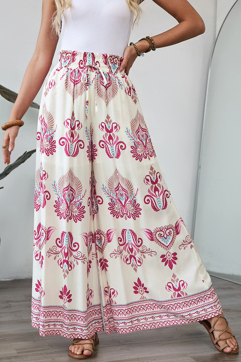 Ladies BAYEAS High Rise Wide Leg Pants with Flowers-White main image 1