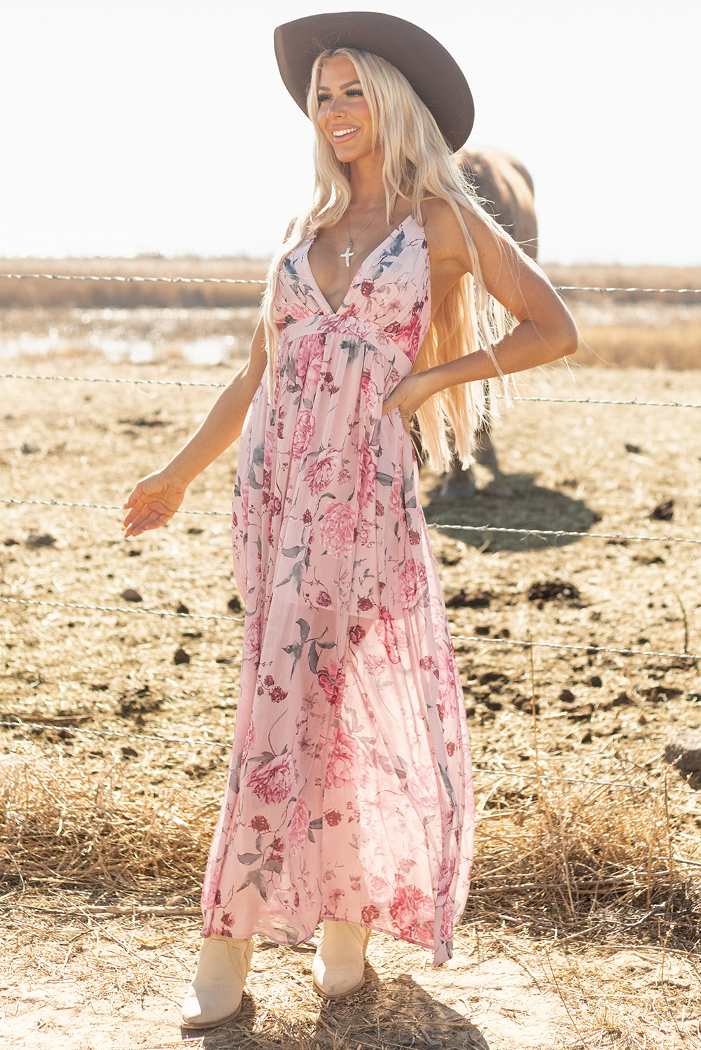 Pink Floral Pleated Bust Deep V Empire Waist Backless Maxi Dress main image 0