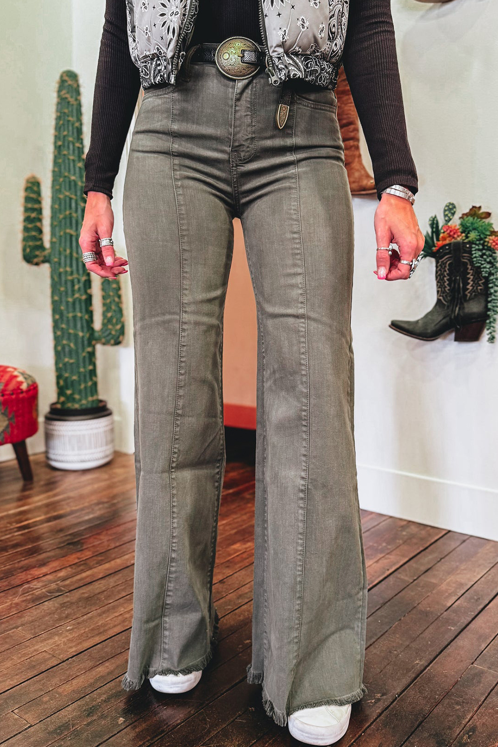 Sail Blue Mineral Wash Raw Hem High Waist Flared Jeans