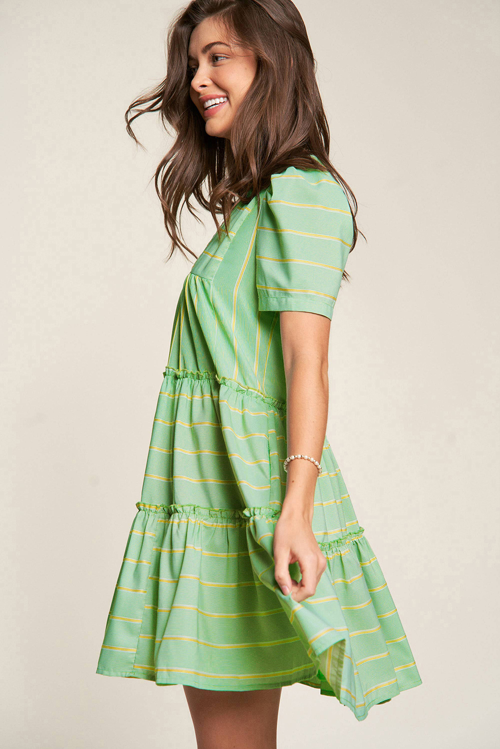 Green Ombre-Stripe V-Neck 3/4-Sleeve Dress – Casual Fade of Colour main image 1