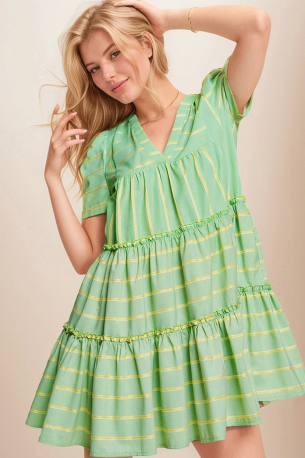 Green Stripe Collared V Neck Short Sleeve T Shirt Midi Dress with Pockets