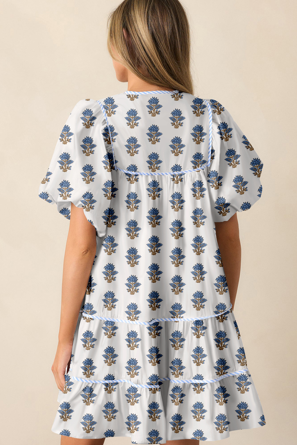 Sky Blue Floral Print Square Neck Flutter Sleeve Smocked Tiered Mini Dress