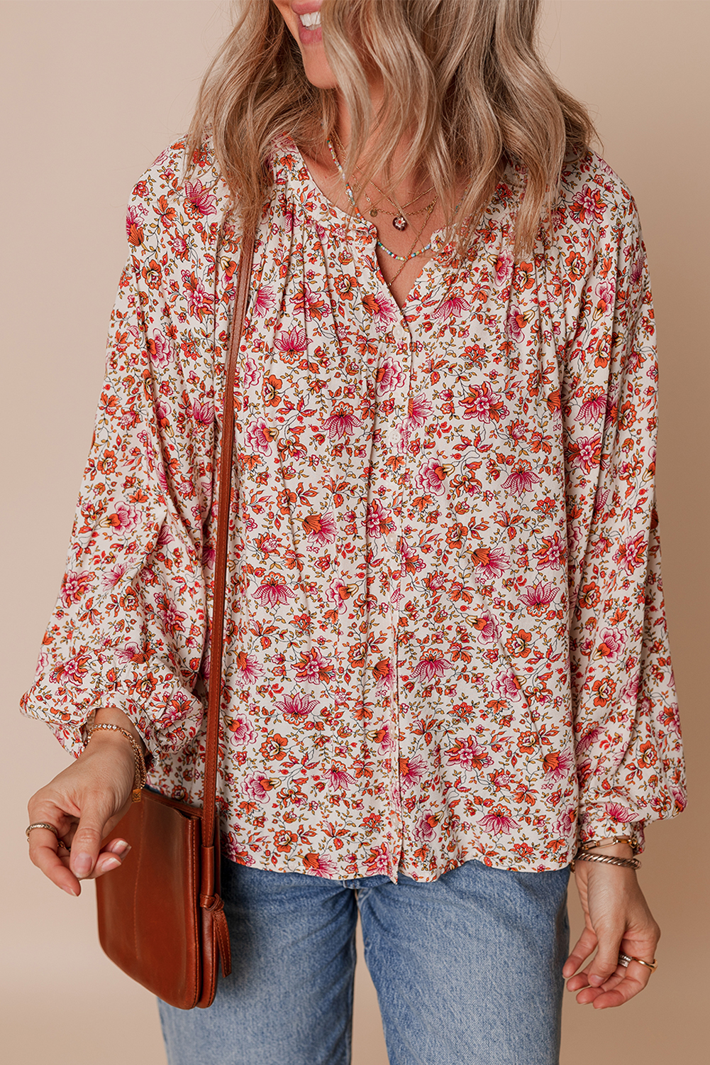Threaded Pear Amaris Notched Neck Puff Short Sleeve Floral Blouse main image 1