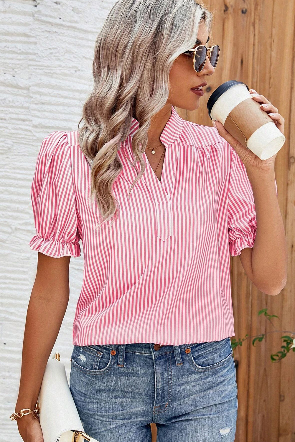 Pink Stripe Ruffle V-Neck Blouse