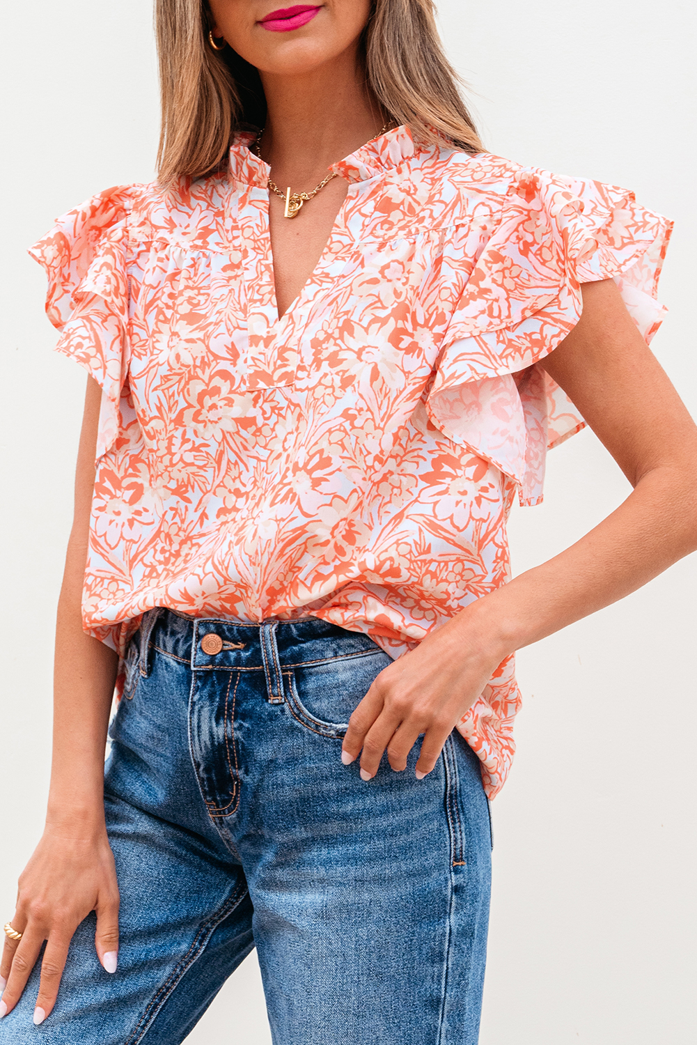 Blue Floral Print Contrast Trim Split Neck Double Ruffle Short Sleeve Blouse main image 1