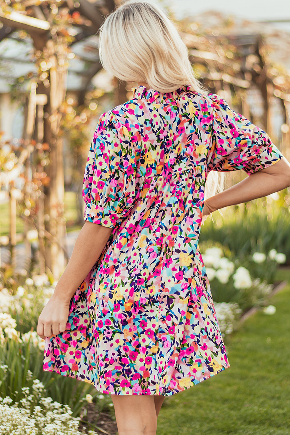 Pink Floral Mini Dress Flowy V-Neck