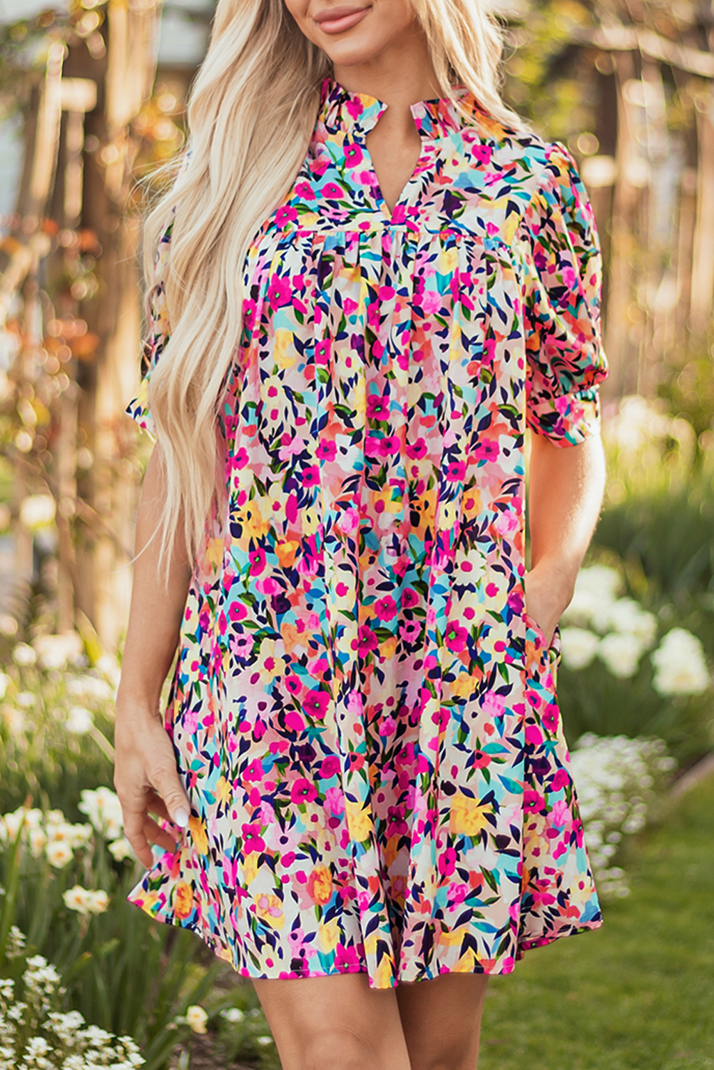POL Striped Floral Long Sleeve Mini Dress with Pintuck Detail main image 1