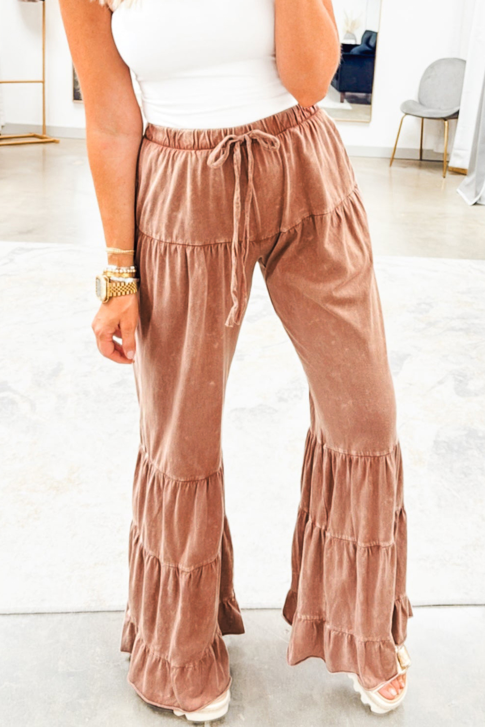 Mineral washed long sleeve crop top & bell bottom pants set