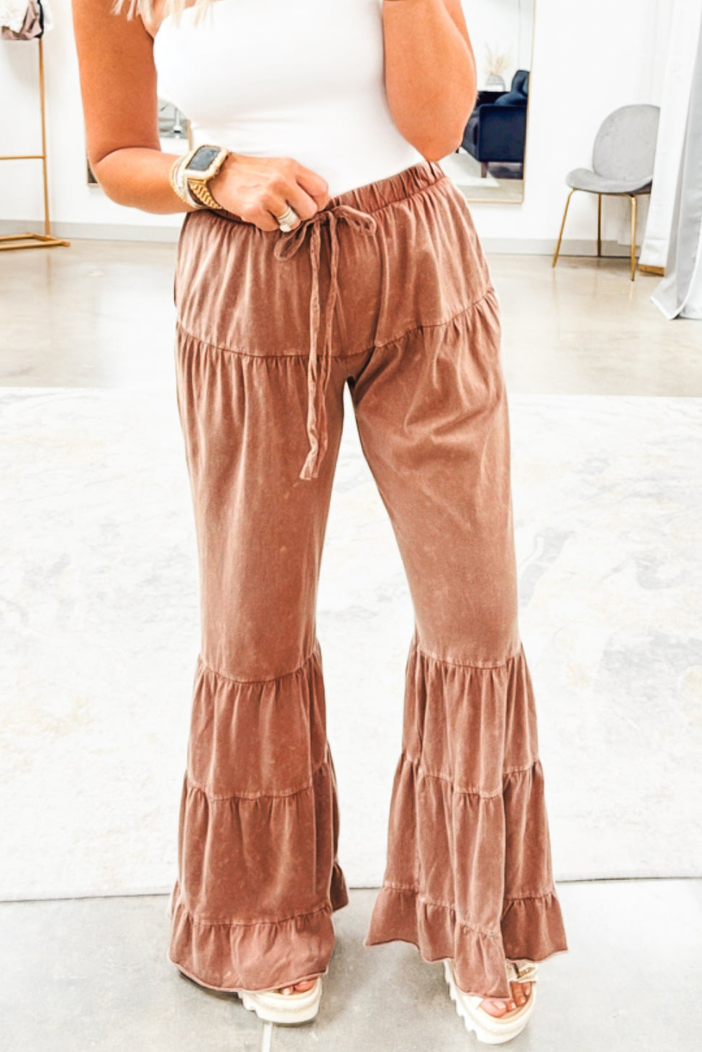 Mineral Washed Tie Hem Detail Pants in Latte