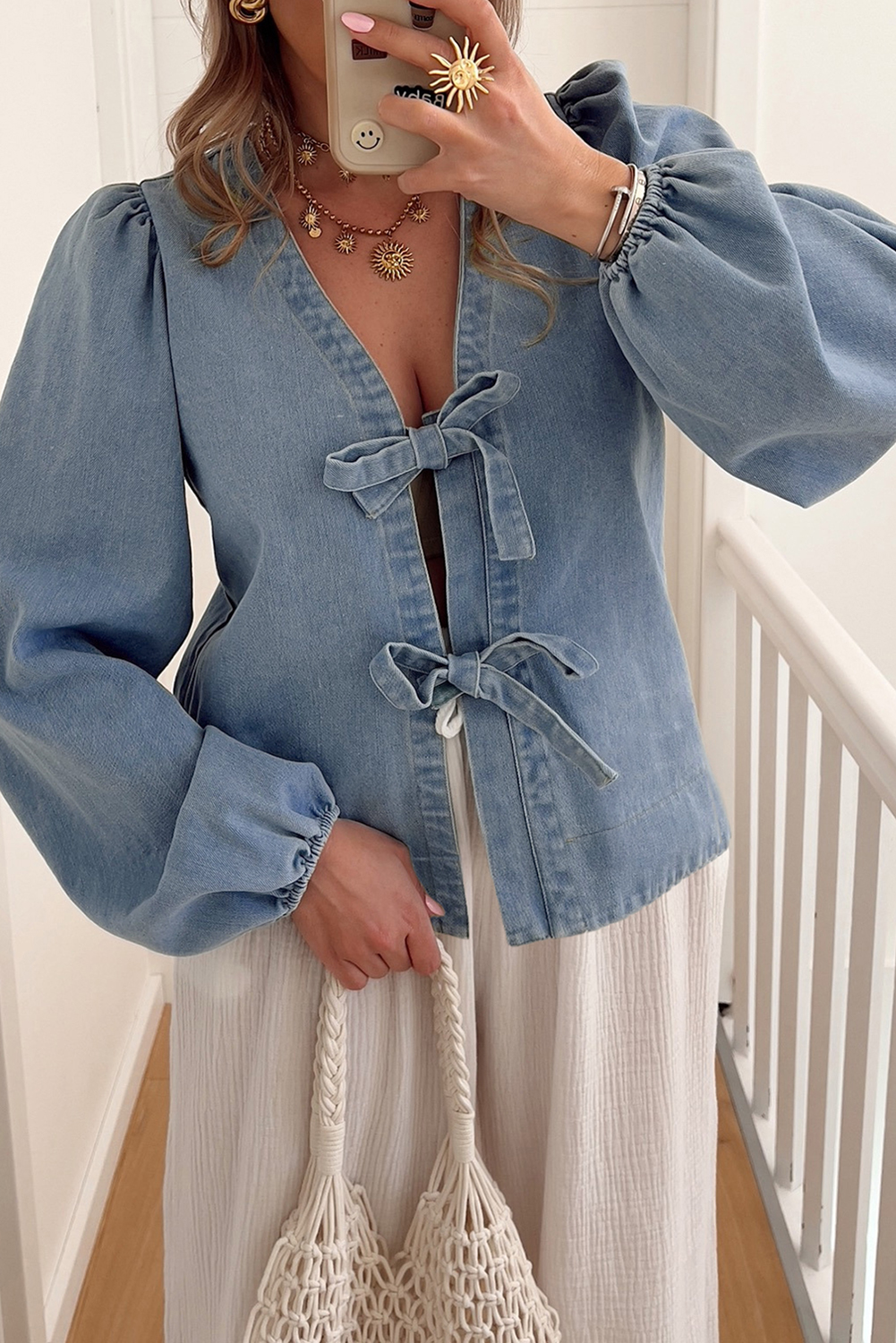 Tied Front Puff Sleeve Peplum Denim Shirt main image 0