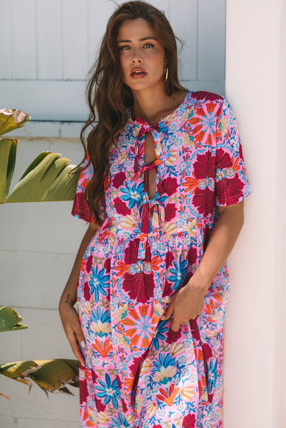 Floral waist bow strap long dress