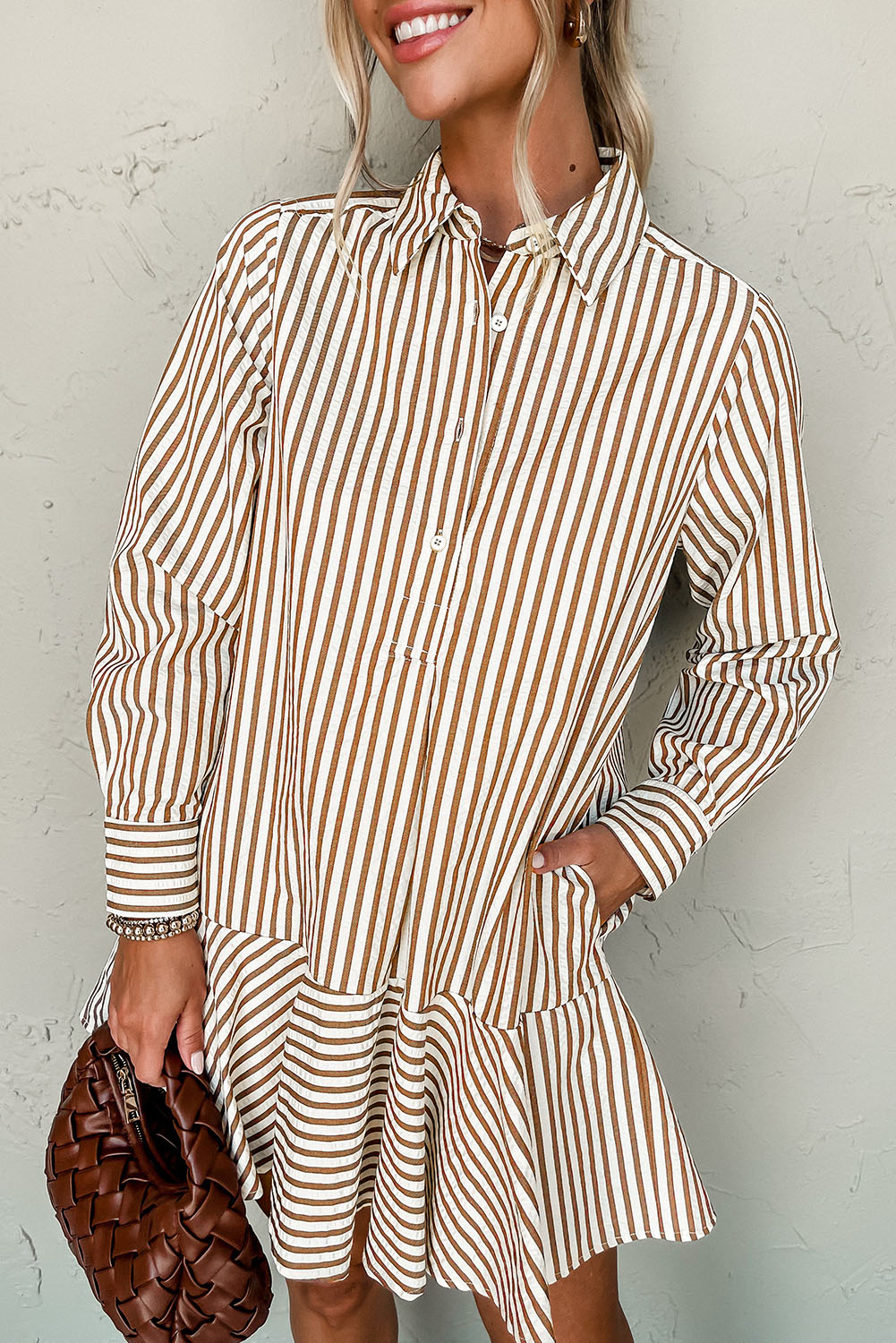 Brown & White Stripe Button-Down Mini Dress main image 1