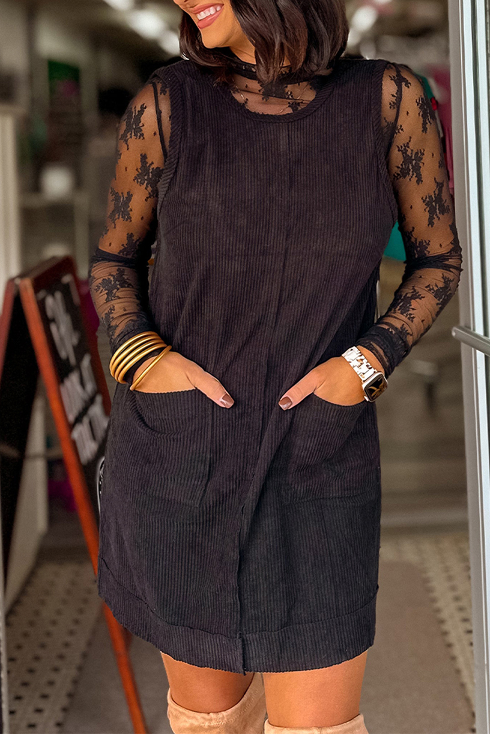 その他 teddymama 6/9/4 $5.12 Black Corduroy Sleeveless Mini Dress With Patched