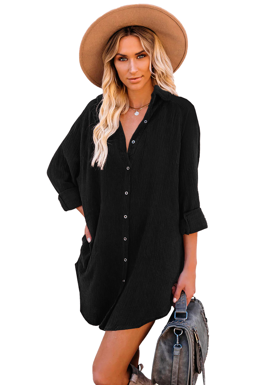 Corduroy Half Button Collared Long Sleeve Mini Dress