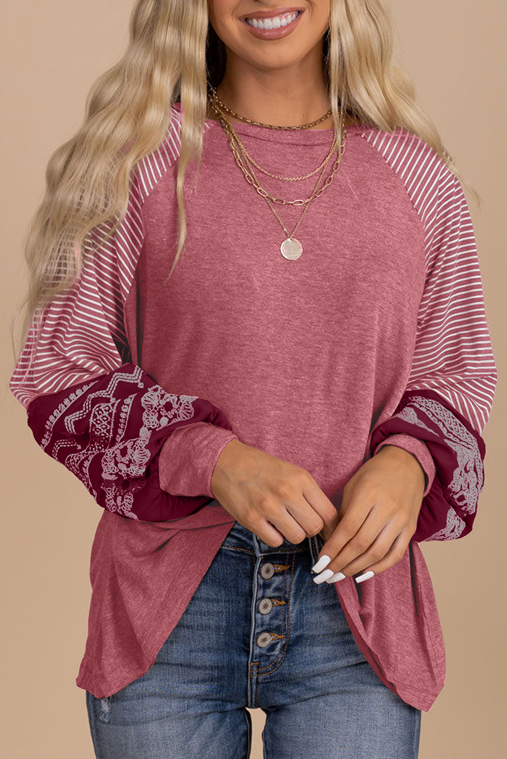 【BAON】[unisex] Poma Lettering Raglan Color Matching L/S T $6.75 Mineral Red Contrast Print Striped Raglan Long Sleeve