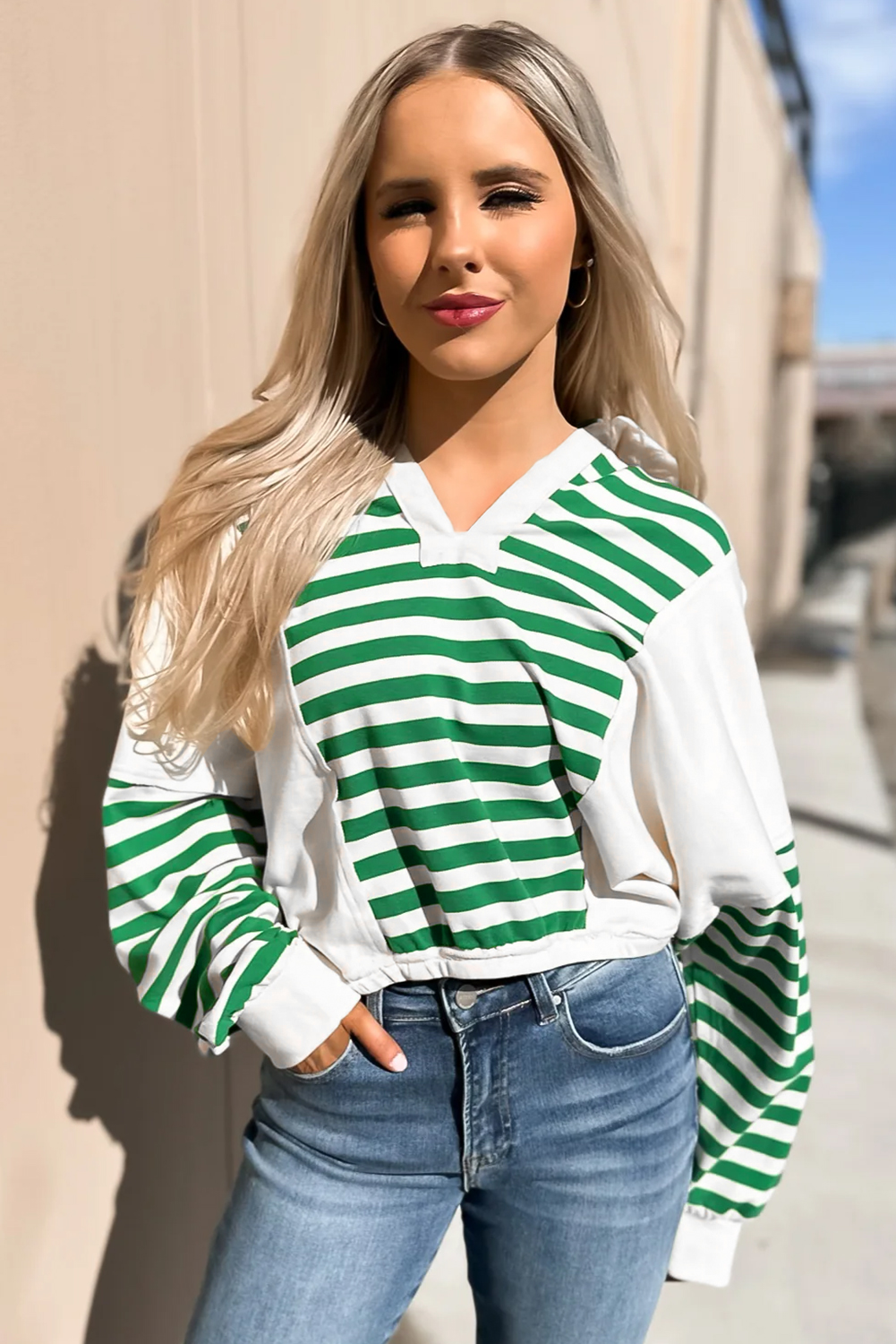$9.13 Green Stripe Colorblock Collared V Neck Cropped Knit