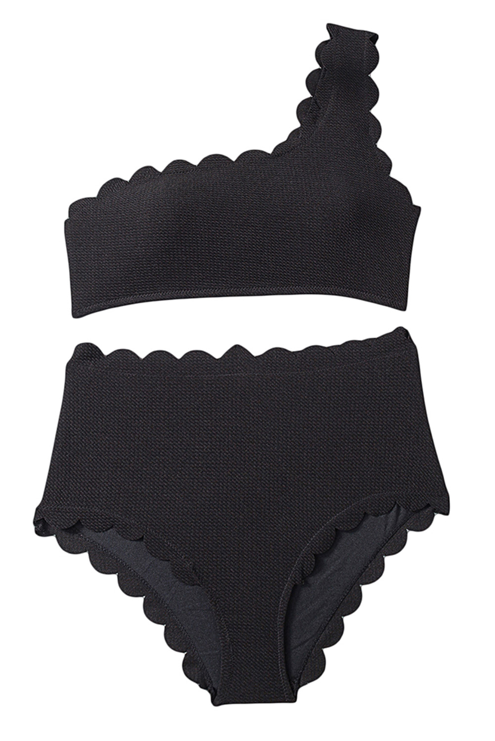 Black Solid Scalloped One Shoulder Bikini Ds Dear Lover