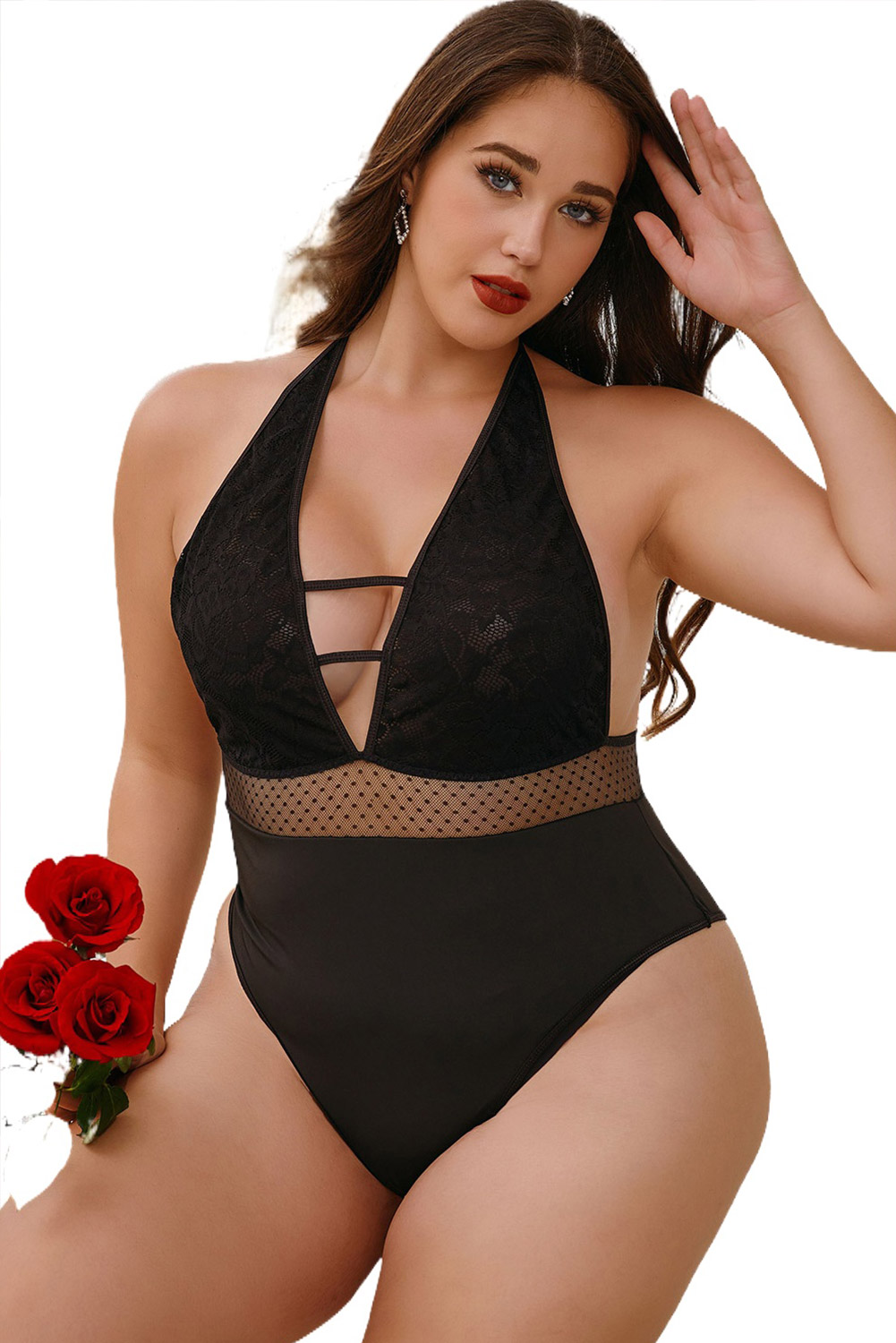 Black Dotty Mesh Floral Lace Plus Size Teddy Lingerie Ds