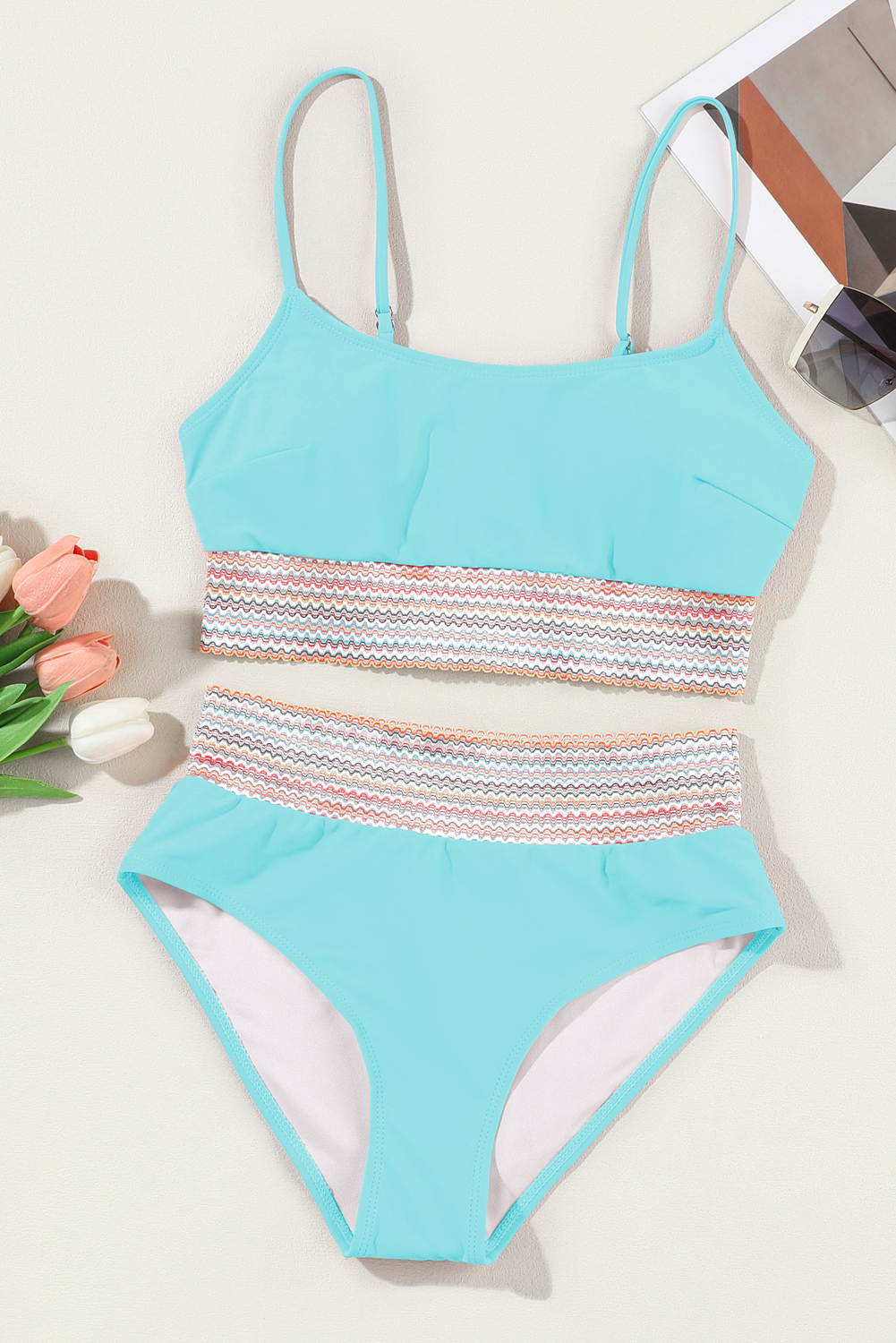 Sky Blue Striped Patchwork Spaghetti Strap High Waist Bikini