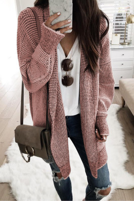Pink Plaid Knitted Long Open Front Cardigan PACK271468-10