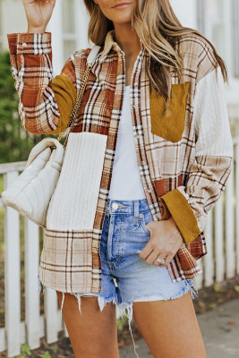 Orange Plaid Color Block Patchwork Shirt Jacket with Pocket PACK854107-14