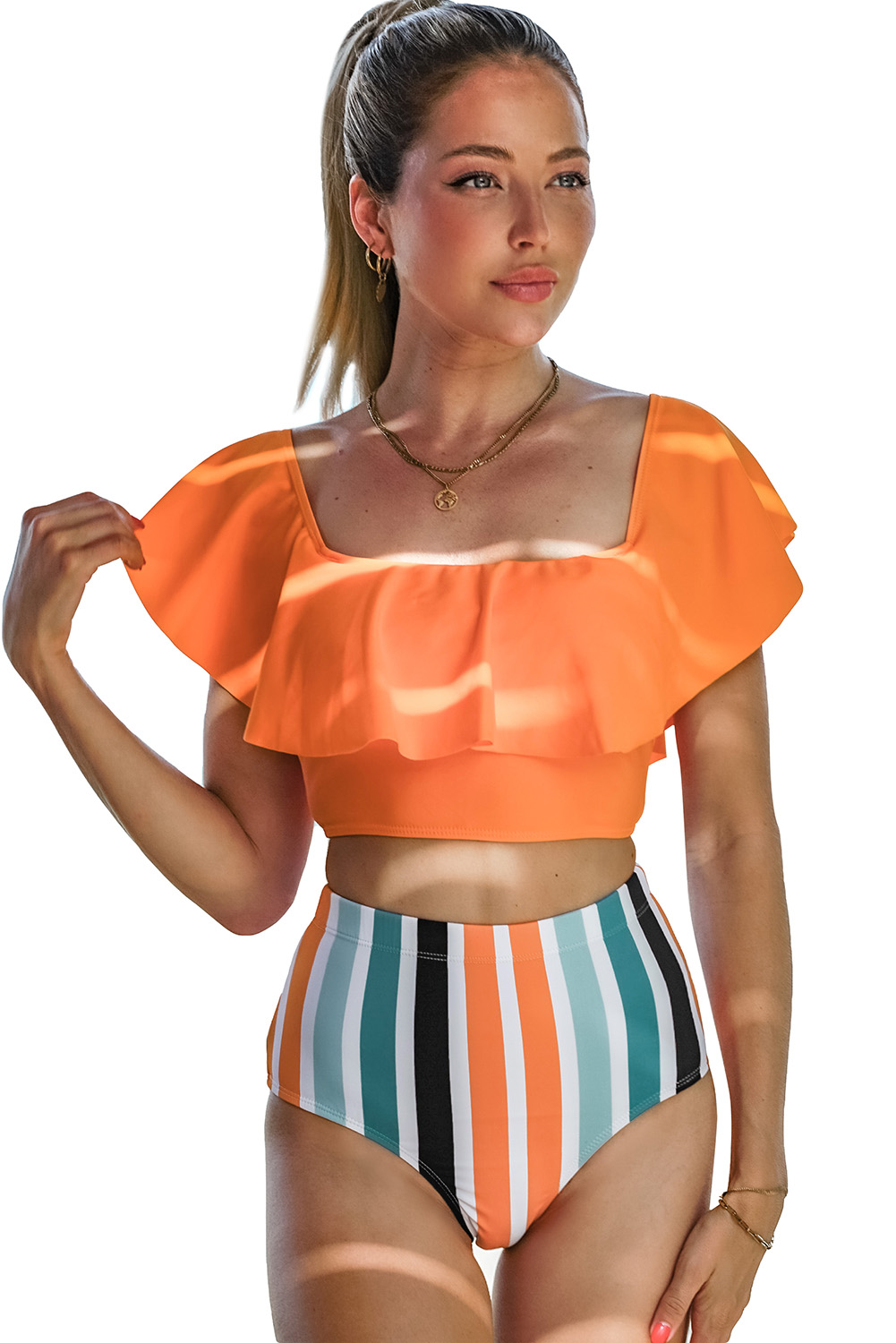 Orange Ruffled Top and Leopard High Waist Bikini Swimwear