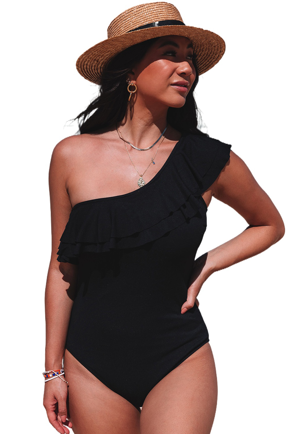 Black Ruffle Tiered One Shoulder One Piece Swimsuit