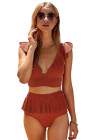 Orange Open Back Ruched Halter Top Shorts Tankini Set