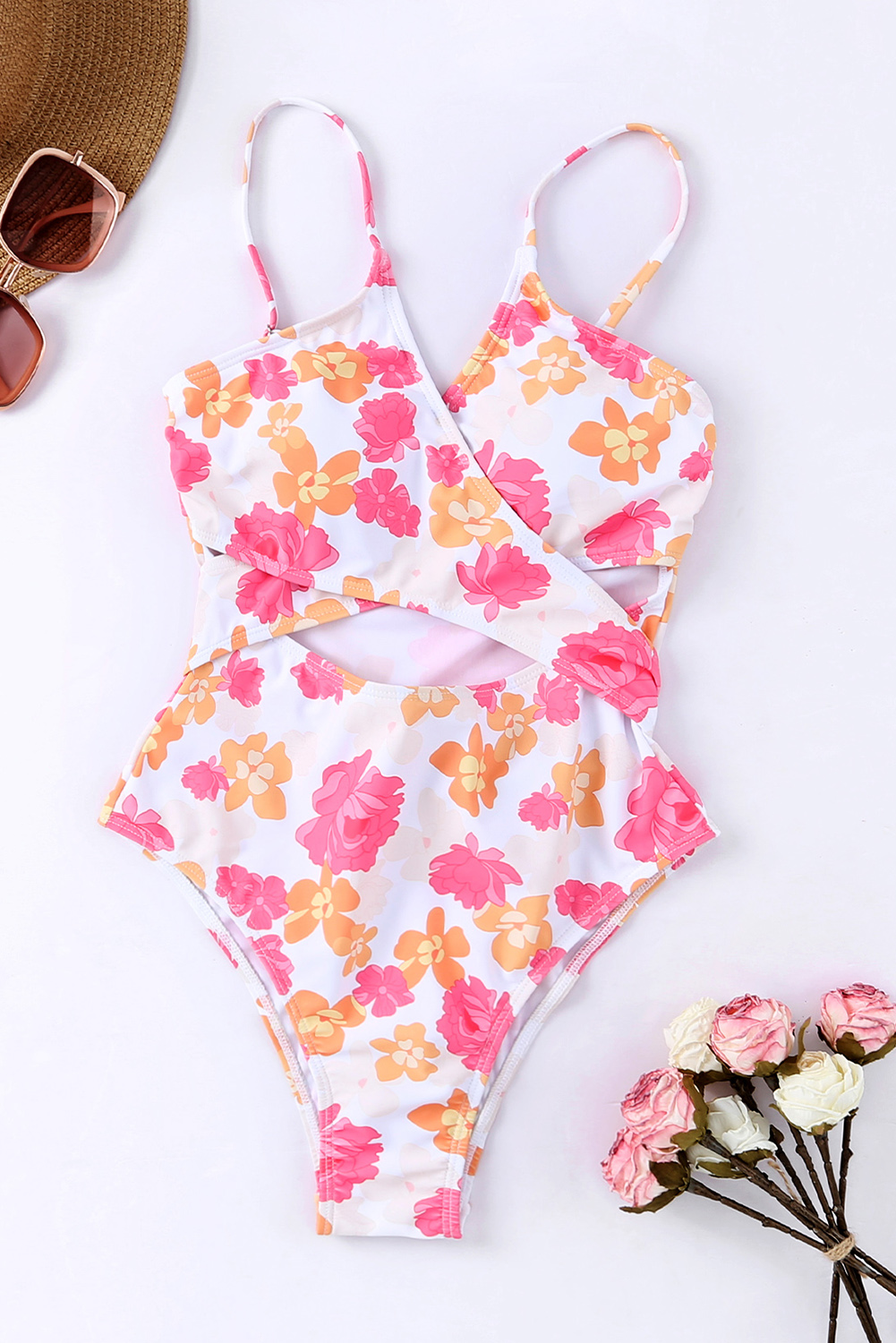Pink Floral High Waist Cutout One Piece Swimsuit