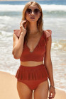 Orange Open Back Ruched Halter Top Shorts Tankini Set