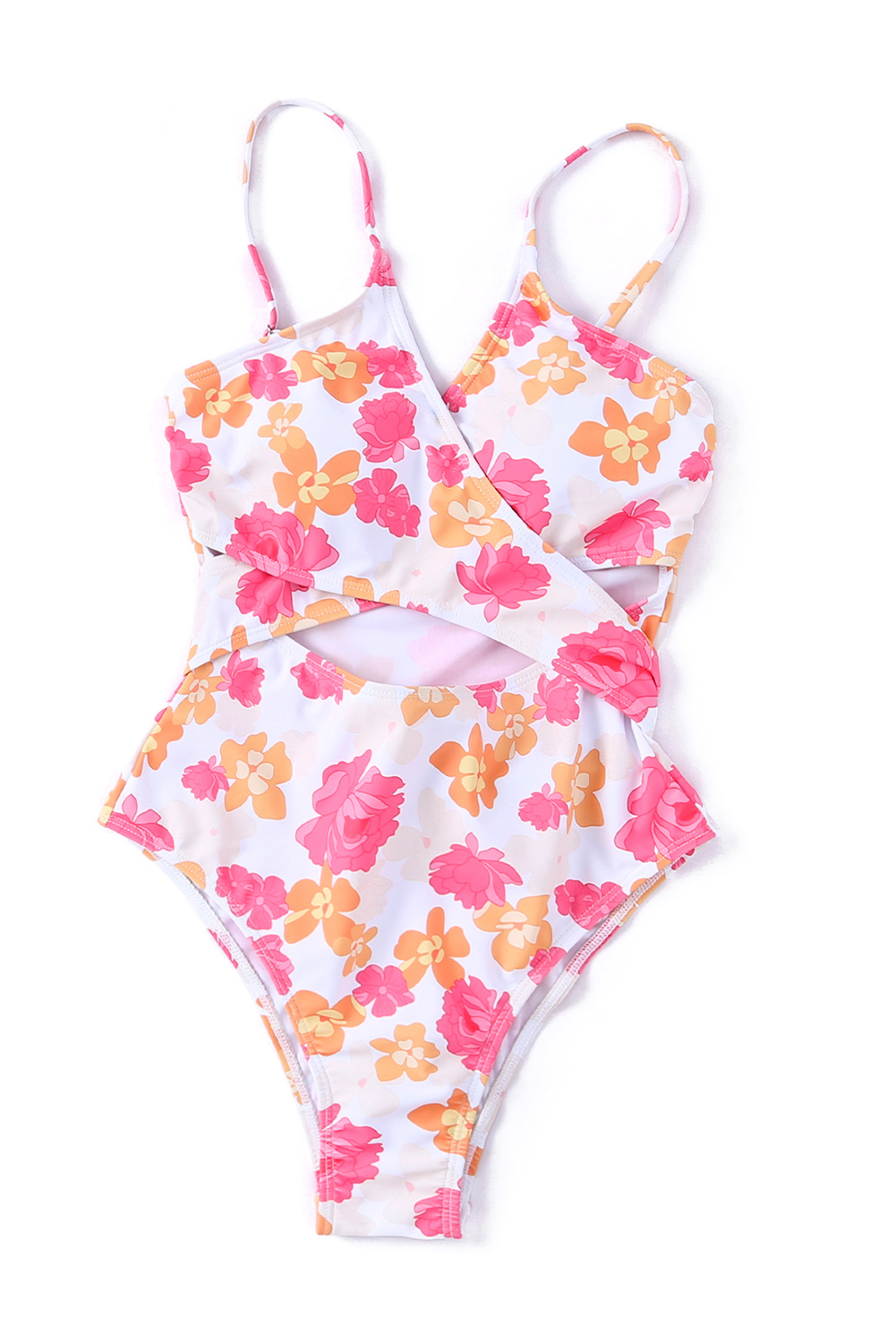 Pink Floral High Waist Cutout One Piece Swimsuit