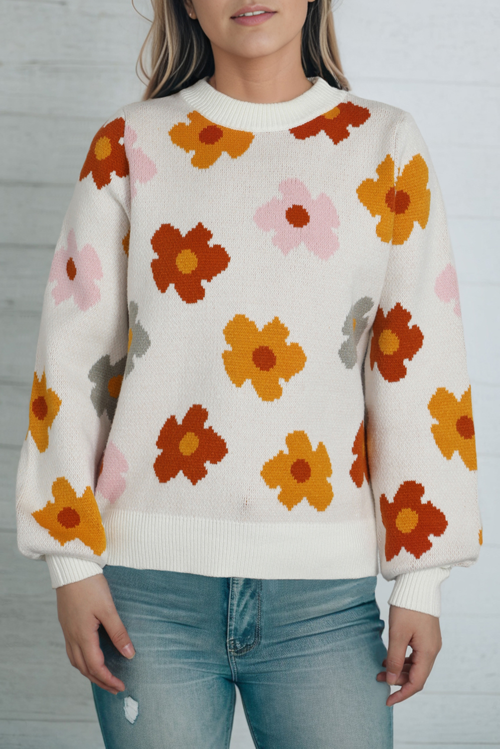 White Sweet Flower Knitted Ribbed Hem Sweater