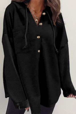 Black Button Up Contrast Knitted Sleeves Hooded Jacket PACK25312001-P2