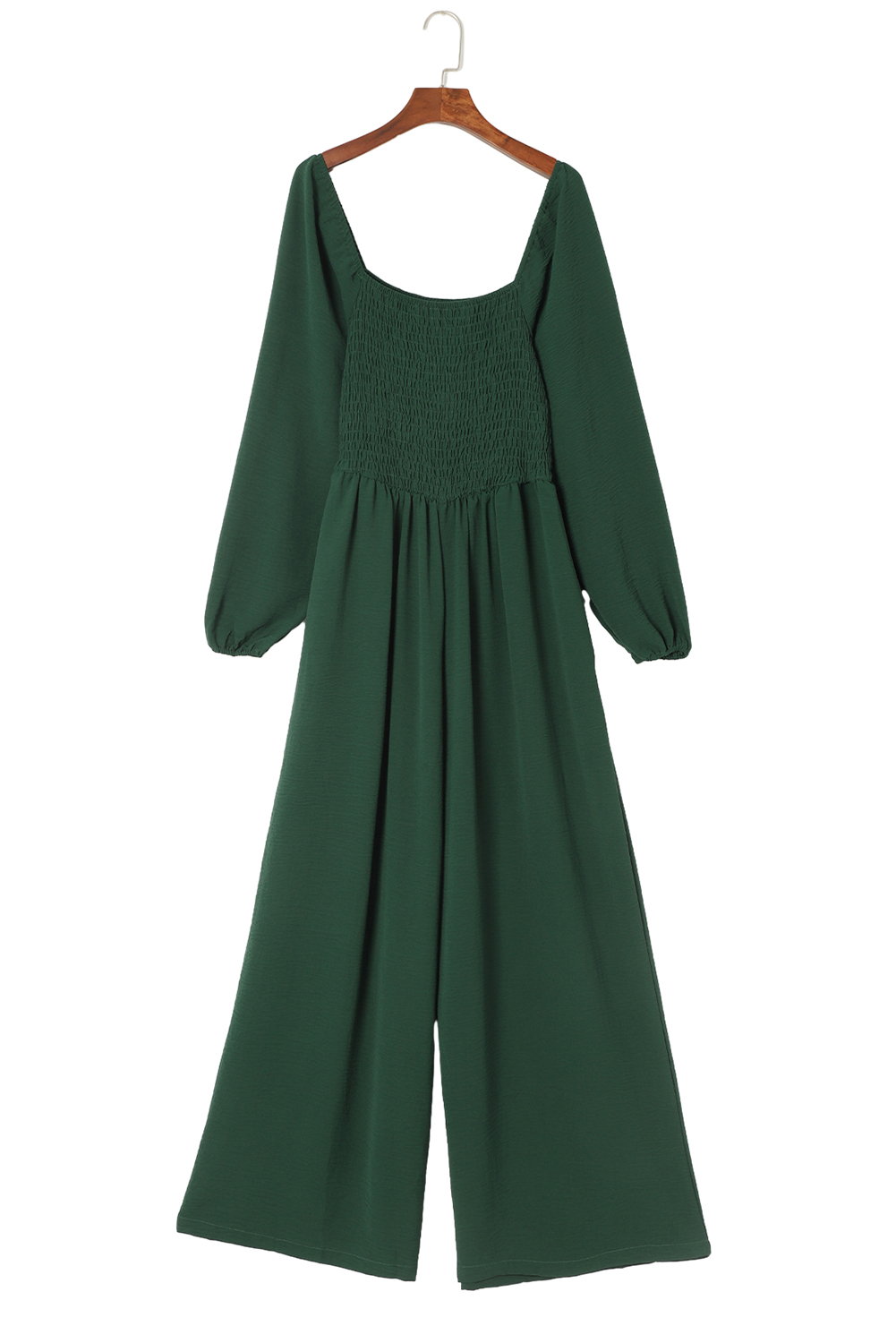 Green Smocked Square Neck Long Sleeve Wide Leg Jumpsuit