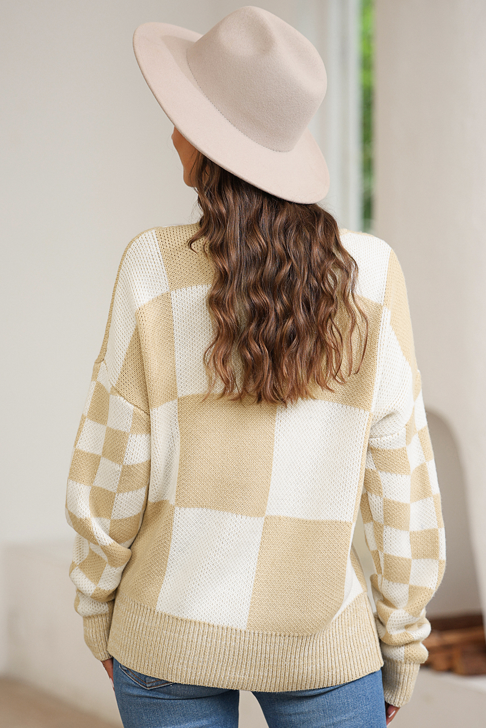 Light French Beige Checkered Print Drop Shoulder Sweater