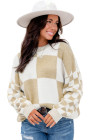 Light French Beige Checkered Print Drop Shoulder Sweater