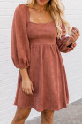 Brown Suede Square Neck Puff Sleeve Dress