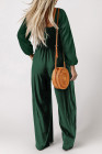 Green Smocked Square Neck Long Sleeve Wide Leg Jumpsuit
