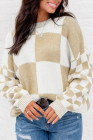 Light French Beige Checkered Print Drop Shoulder Sweater