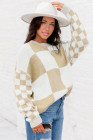Light French Beige Checkered Print Drop Shoulder Sweater