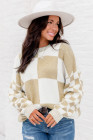 Light French Beige Checkered Print Drop Shoulder Sweater