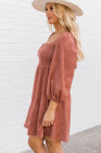 Brown Suede Square Neck Puff Sleeve Dress