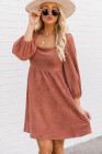 Brown Suede Square Neck Puff Sleeve Dress