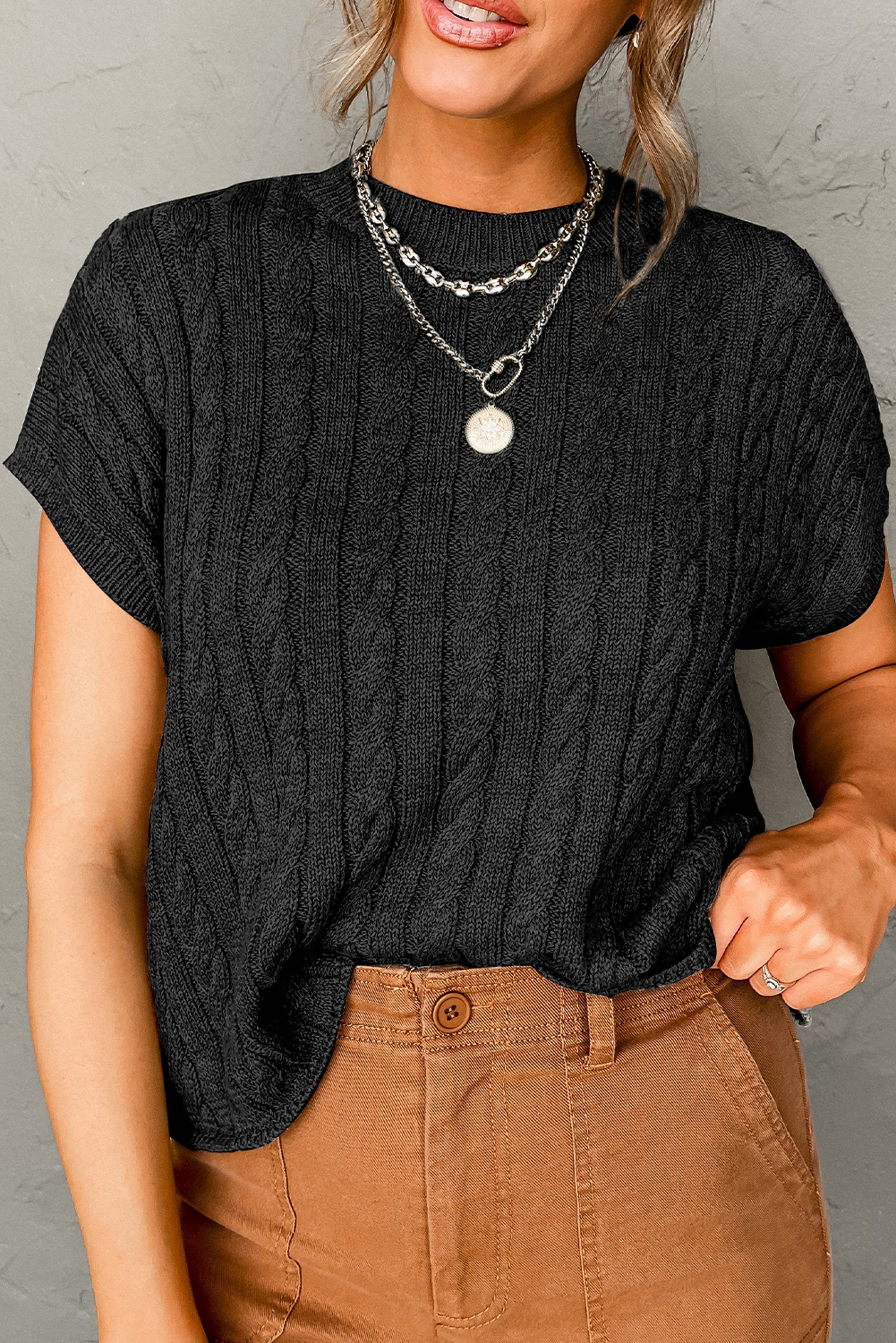 $ 7.51 - Wholesale Black Crew Neck Cable Knit Short Sleeve Sweater