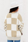 Light French Beige Checkered Print Drop Shoulder Sweater
